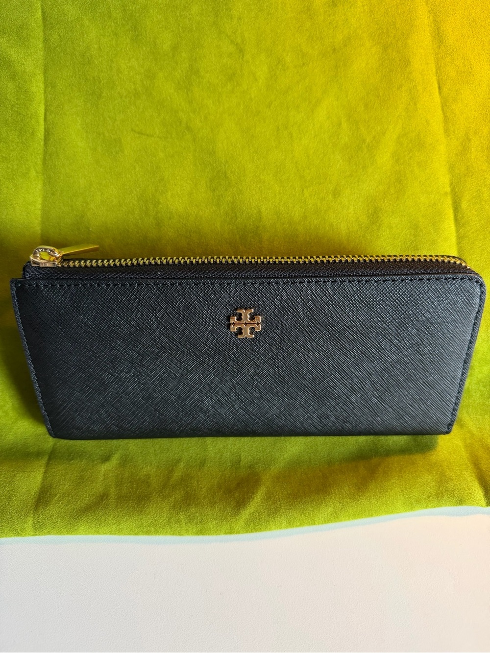 Tory Burch Black Saffiano Zip-Around Wallet with Gold Logo Accent